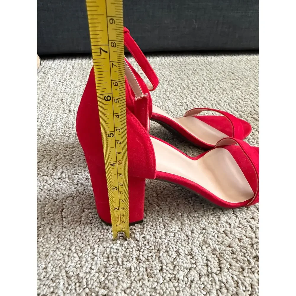 Red Chunky Block Heeled Open Toe Sandals - Picture 4 of 4